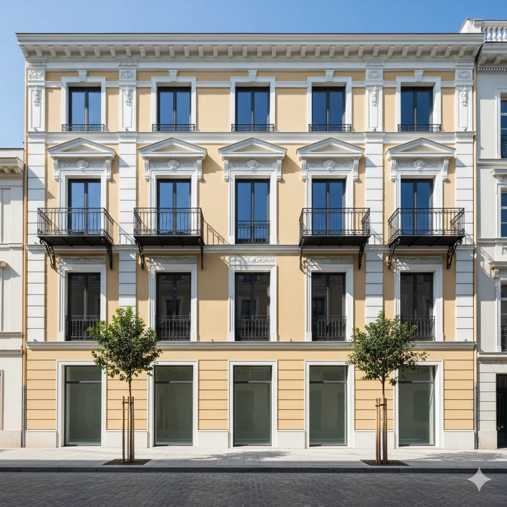 Fachada de edificio clásico rehabilitada en Málaga por ITE y Fachadas Málaga.