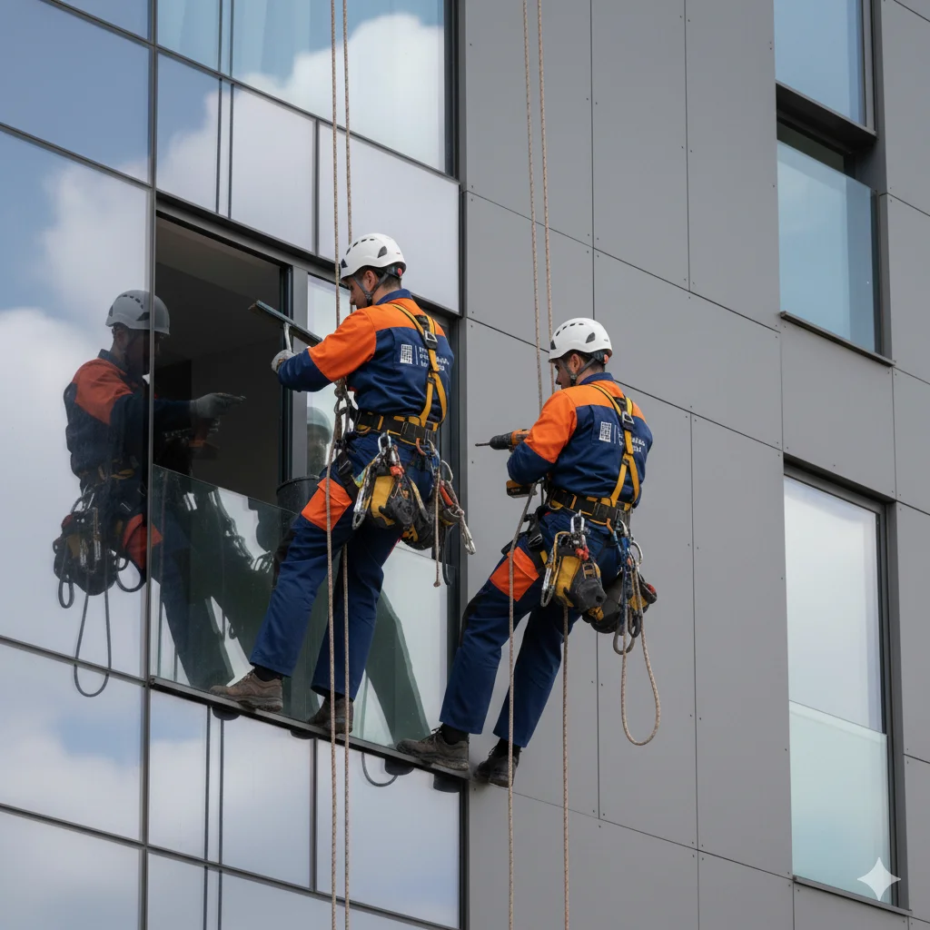 Técnicos realizando trabajos verticales en edificio de Málaga con ITE Fachadas Málaga