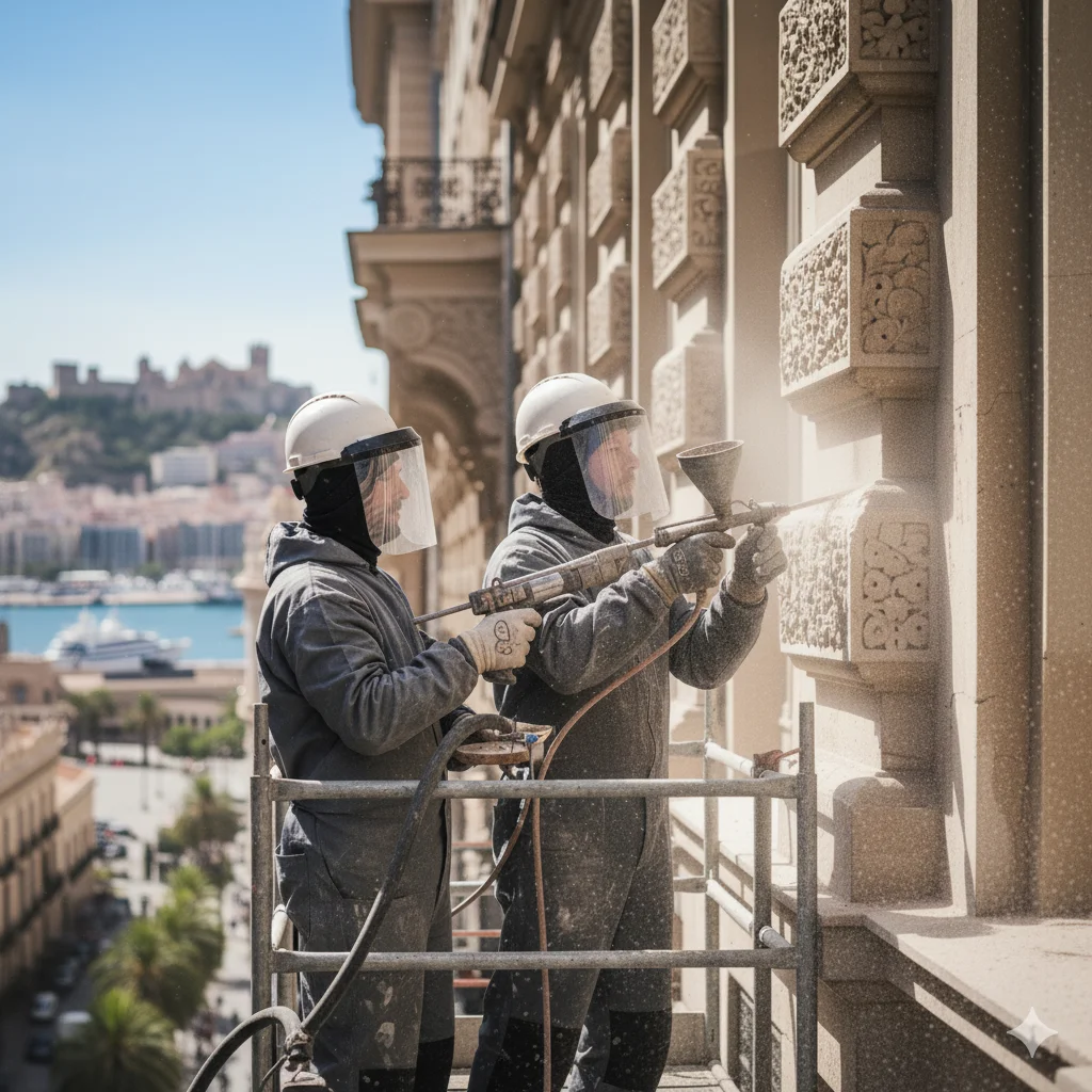 Técnicos realizando limpieza de fachada histórica en Málaga mediante microproyección sobre andamio elevador