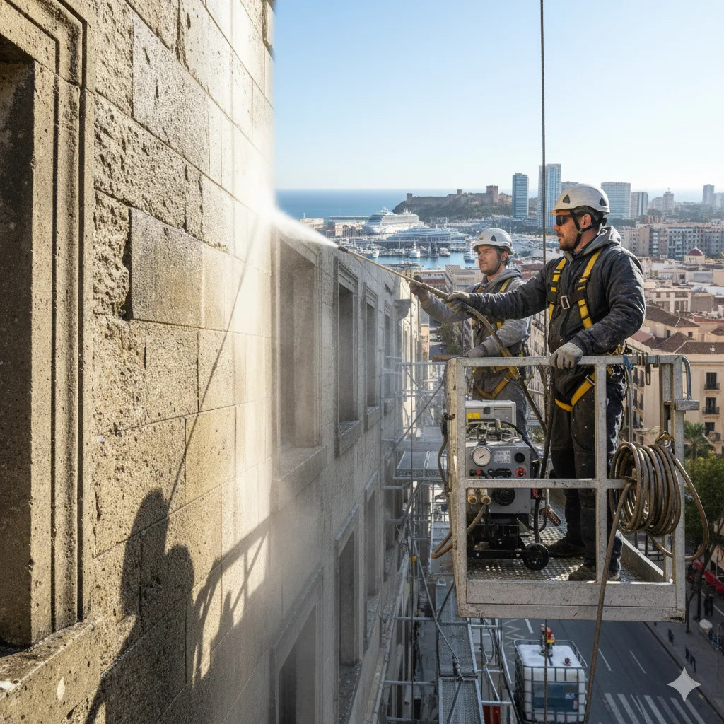 Limpieza de fachada en Málaga con agua a presión desde plataforma elevadora frente al puerto