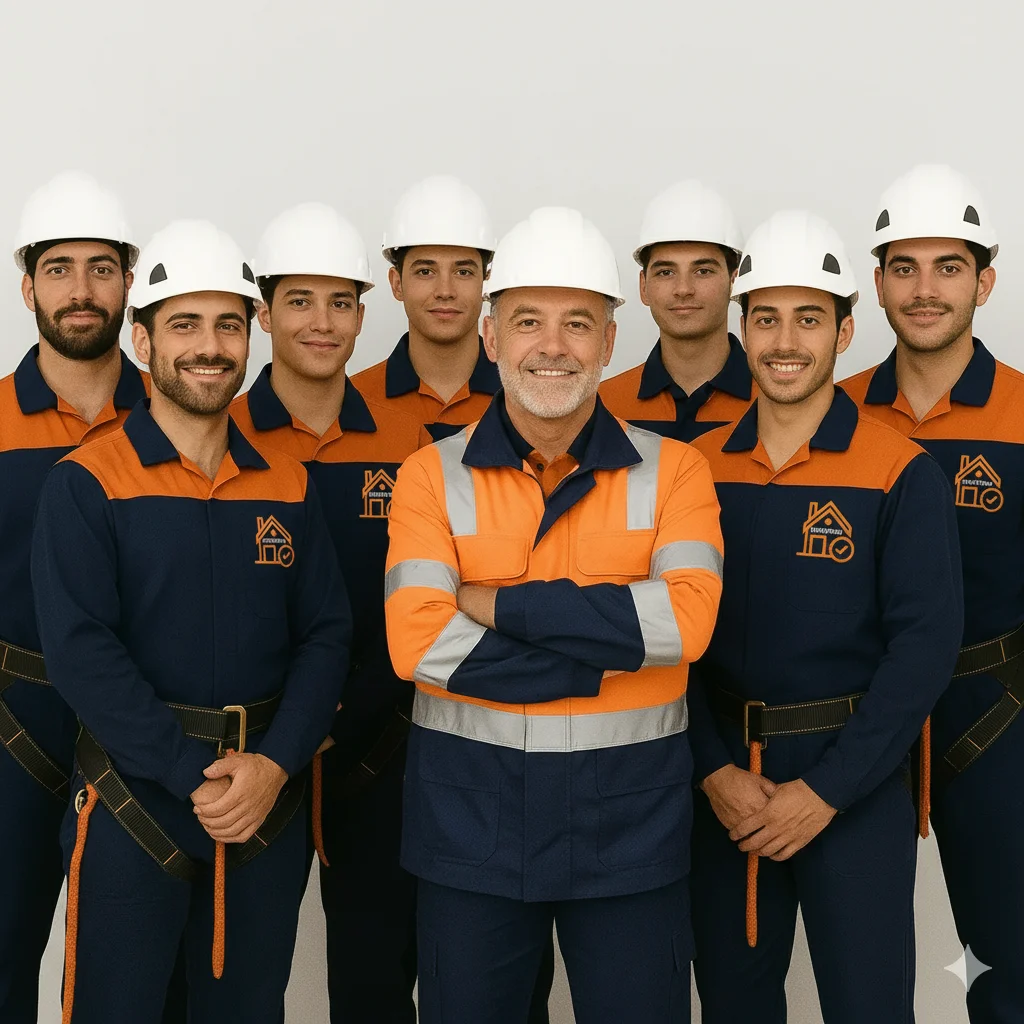 Personal de ITE y Fachadas Málaga trabajando en obra con medidas de seguridad