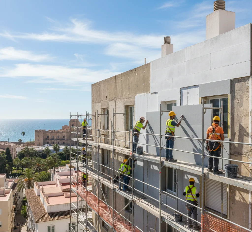 Instalación de aislamiento térmico en edificio de Málaga con sistema SATE