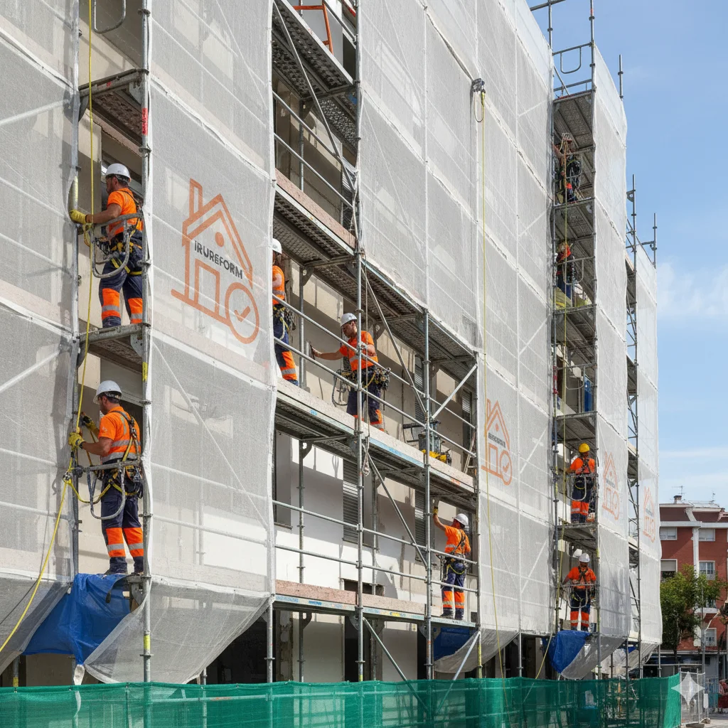 Trabajadores de Irureform realizando rehabilitación de fachadas en Málaga con andamios y equipos de seguridad.