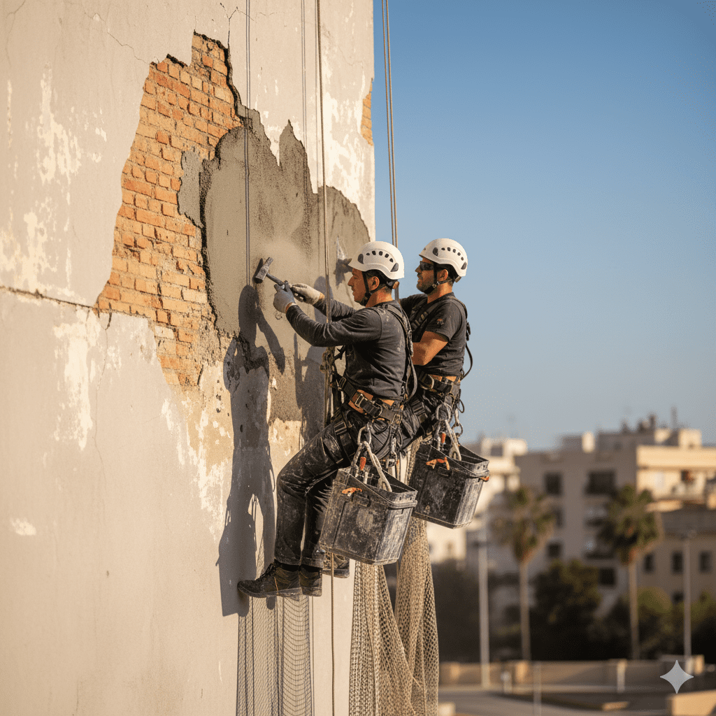 Técnico de ITE y Fachadas Málaga mostrando planos de rehabilitación a una pareja beneficiaria de subvención.