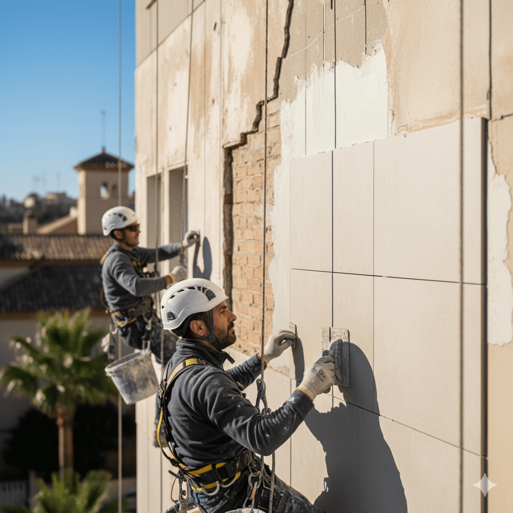Técnico de ITE y Fachadas Málaga mostrando planos de rehabilitación a una pareja beneficiaria de subvención.