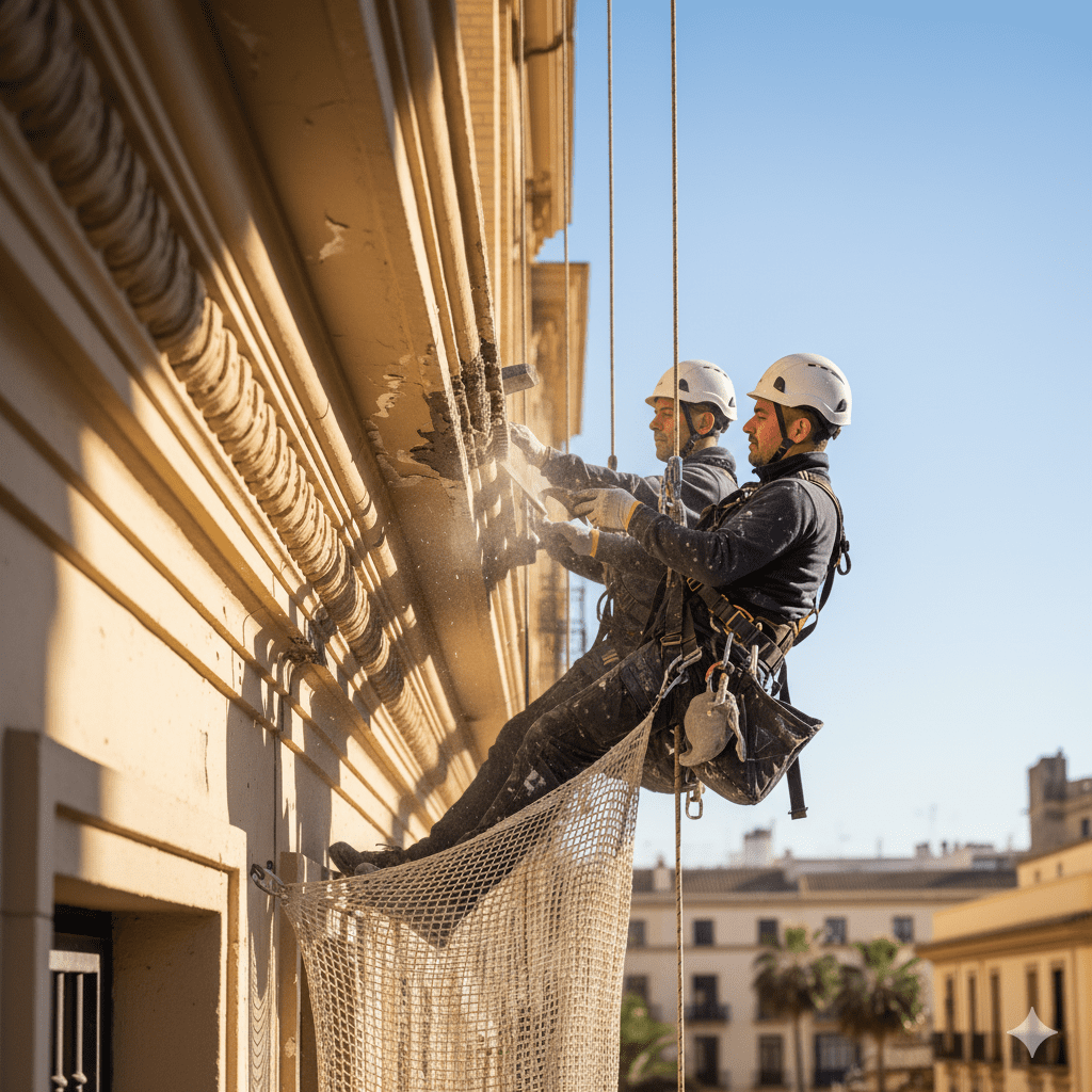 Técnico de ITE y Fachadas Málaga mostrando planos de rehabilitación a una pareja beneficiaria de subvención.