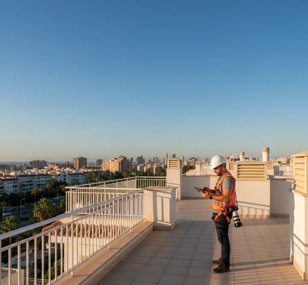 Técnico de ITE y Fachadas Málaga mostrando planos de rehabilitación a una pareja beneficiaria de subvención.