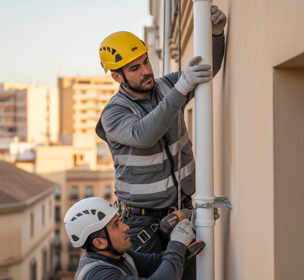 Técnicos de trabajos verticales instalando bajantes de PVC en fachada de edificio en Málaga.