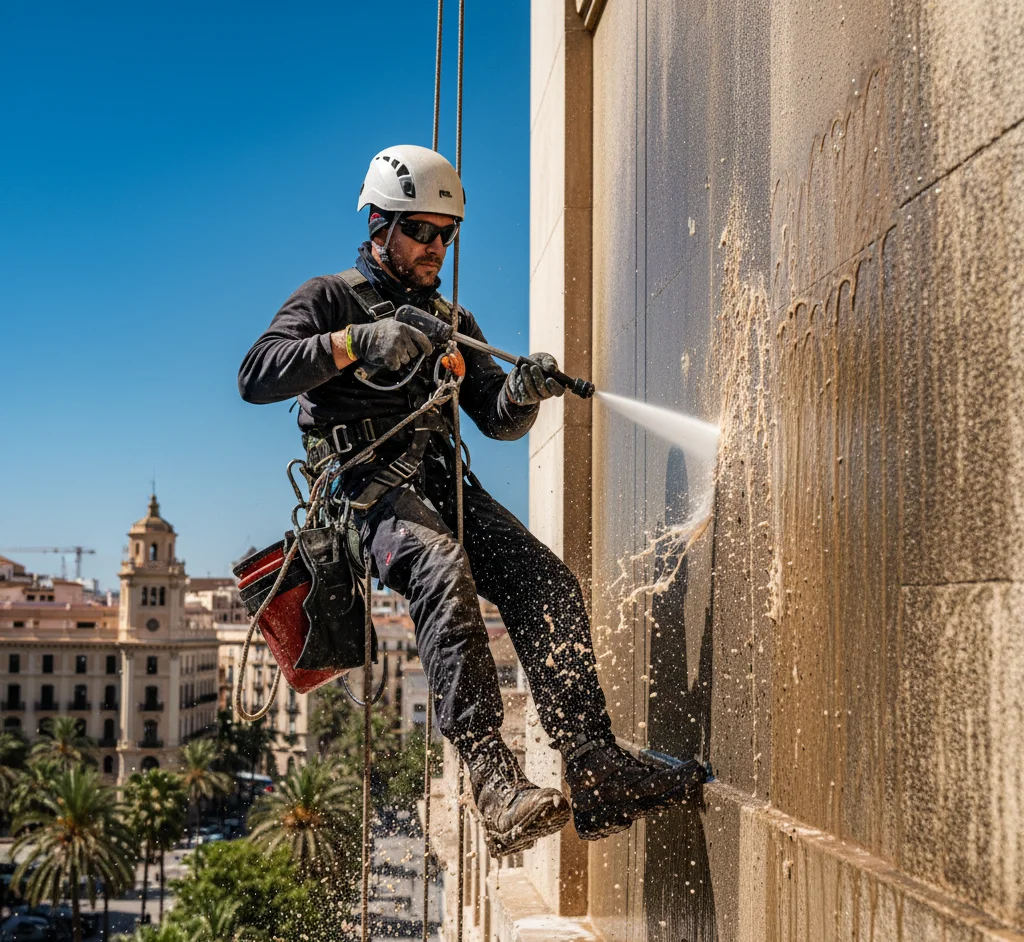 Técnico de ITE y Fachadas Málaga mostrando planos de rehabilitación a una pareja beneficiaria de subvención.