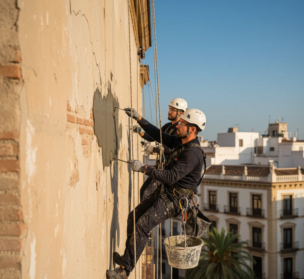 Técnico de ITE y Fachadas Málaga mostrando planos de rehabilitación a una pareja beneficiaria de subvención.