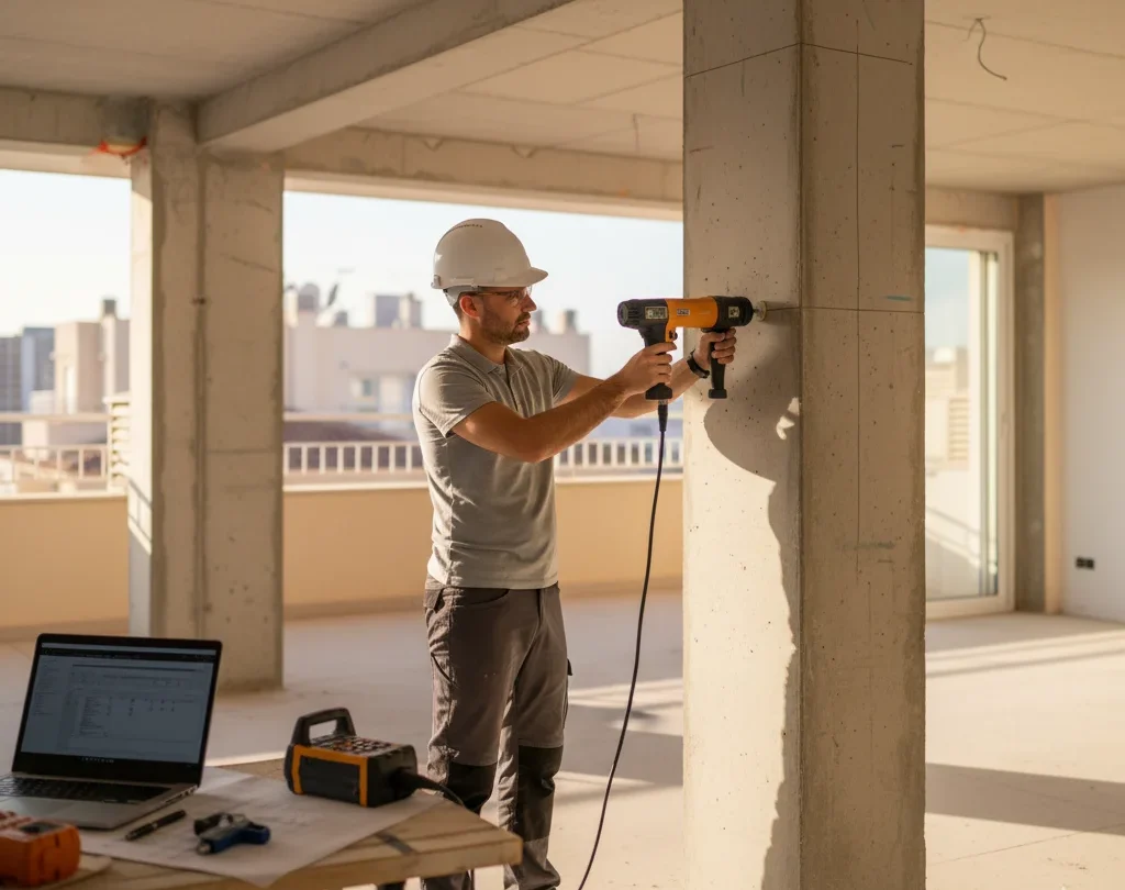Técnico realizando pruebas estructurales durante una ITE en Málaga en un edificio residencial.